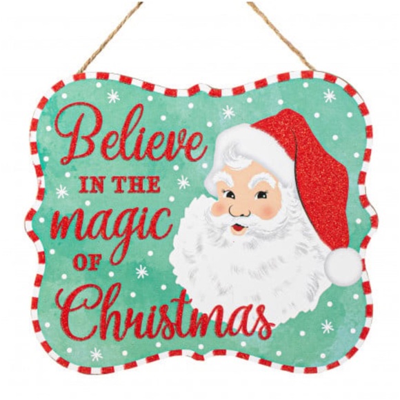 Believe In The Magic Of Christmas Santa Sign 10” NEW! Red, White, Mint w/Glitter - Picture 1 of 3